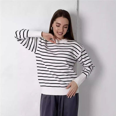 Damen lässiger Streifenpullover mit weitem Schnitt und hochgeschlossenem Rundhalsausschnitt Heidi-Mode