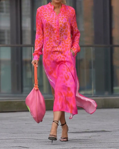 Damen Hemdblusenkleid aus leichtem Chiffon mit trendy Leopardenmuster Heidi-Mode