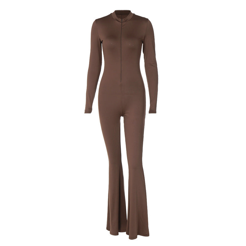 Damen bodenlanger Jumpsuit mit langem Arm und durchgehendem Reißverschluss Heidi-Mode