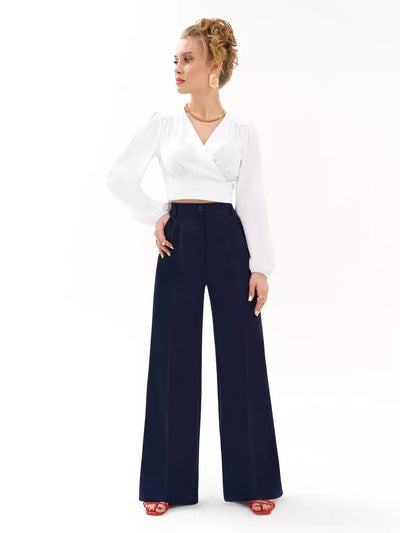 Damen elegantes Wickeloberteil mit voluminösen Ärmeln und hoch taillierten Palazzo-Hosen Heidi-Mode