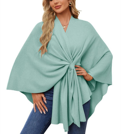 Damen eleganter Strickponcho mit raffinierten Drapierungen und Taillengürtel Heidi-Mode