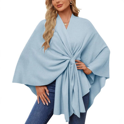 Damen eleganter Strickponcho mit raffinierten Drapierungen und Taillengürtel Heidi-Mode
