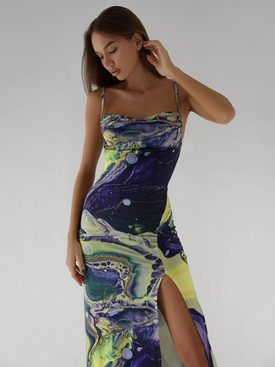 Damen figurbetontes Maxikleid mit seitlichem Schlitz und einzigartigem Marmormuster Heidi-Mode