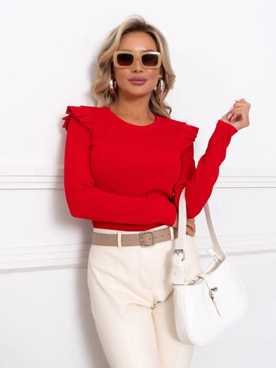 Damen Langarmshirt mit elegantem Rüschendetail und dezentem Strukturmuster Heidi-Mode