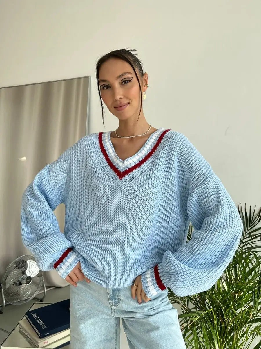 Damen Strickpullover mit V-Ausschnitt und gestreiften Details Heidi-Mode