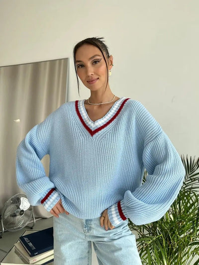 Damen Strickpullover mit V-Ausschnitt und gestreiften Details Heidi-Mode