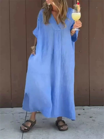 Damen Leichtes Sommerkleid mit V-Ausschnitt und kurzen Ärmeln Heidi-Mode