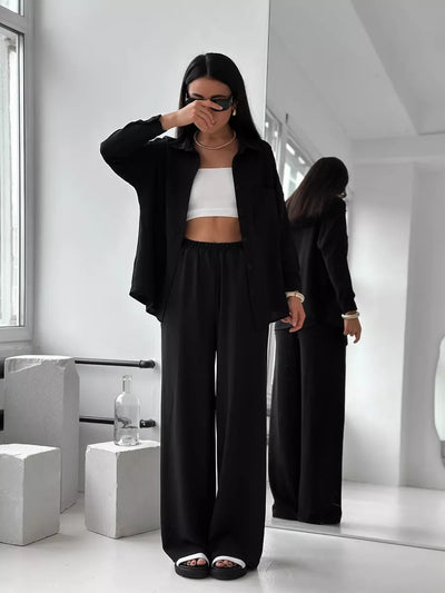 Damen lockerer Leinen-Hosenset mit eleganter Bluse und elastischem Bund Heidi-Mode