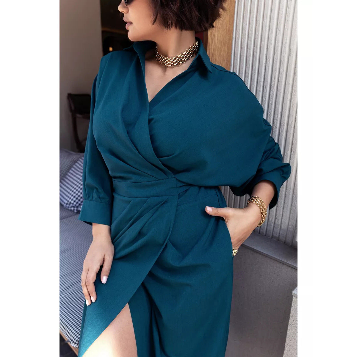 Damen Wickelkleid mit eleganter Drapierung und tailliertem Schnitt Heidi-Mode