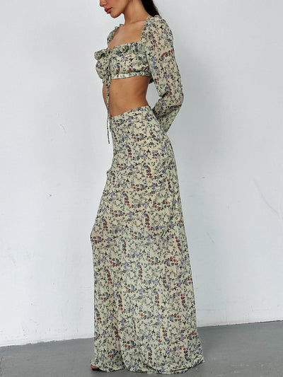 Damen feminines Blumenmuster-Kleid im Set mit langem Rock und Rüschendetails Heidi-Mode