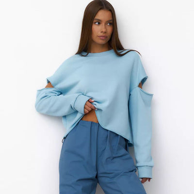 Damen lässiges Sweatshirt mit asymmetrischen Cut-Out-Details und oversized Schnitt Heidi-Mode