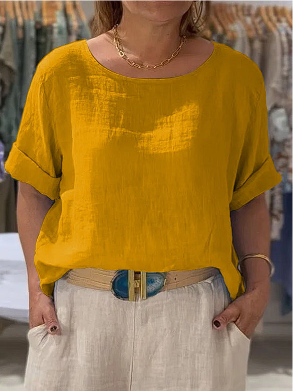 Damen lässige Leinenbluse mit umschlagbaren Ärmeln und elegantem Rundhalsausschnitt Heidi-Mode