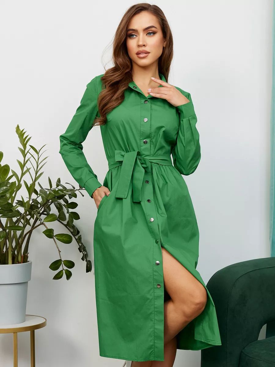 Damen Langarm Hemdkleid mit eleganter Taillenschnürung und Knopfleiste Heidi-Mode