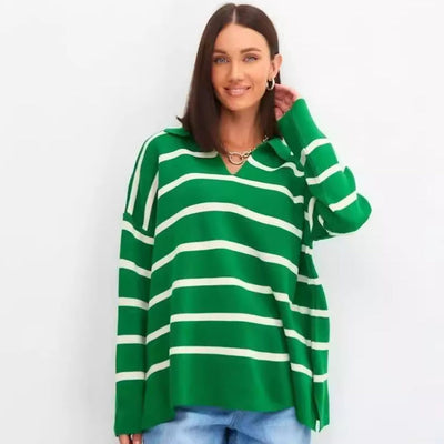 Damen lässiger Strickpullover mit klassischem Polokragen und modischem Streifenmuster Heidi-Mode