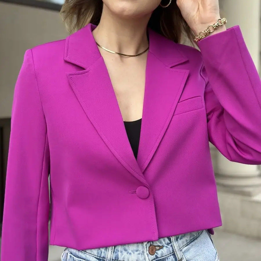 Damen Cropped Blazer mit elegantem Revers und minimalistischer Knopfleiste Heidi-Mode