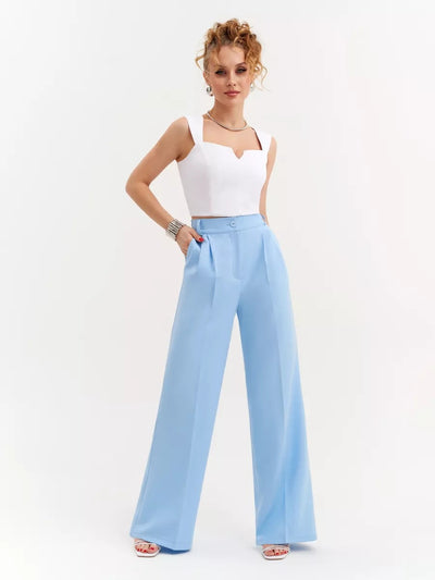 Damen elegantes Wickeloberteil mit voluminösen Ärmeln und hoch taillierten Palazzo-Hosen Heidi-Mode