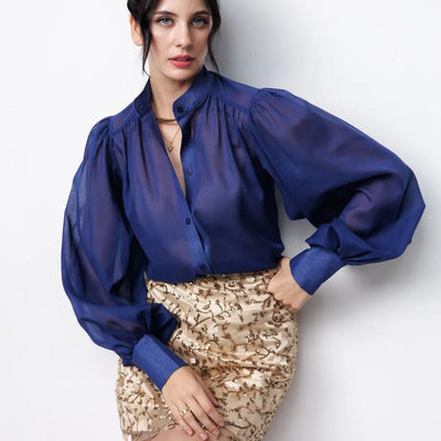 Damen Elegante Bluse mit voluminösen Puffärmeln und transparentem Stoff Heidi-Mode
