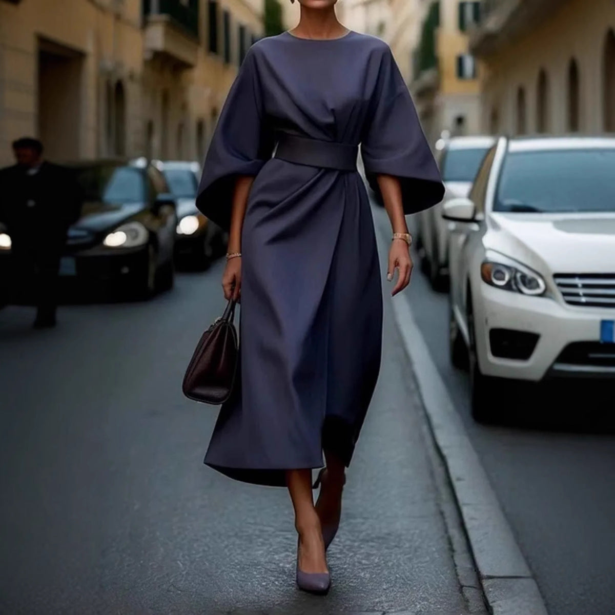 Damen elegantes Maxikleid mit oversized Ärmeln und tailliertem Gürtel Heidi-Mode