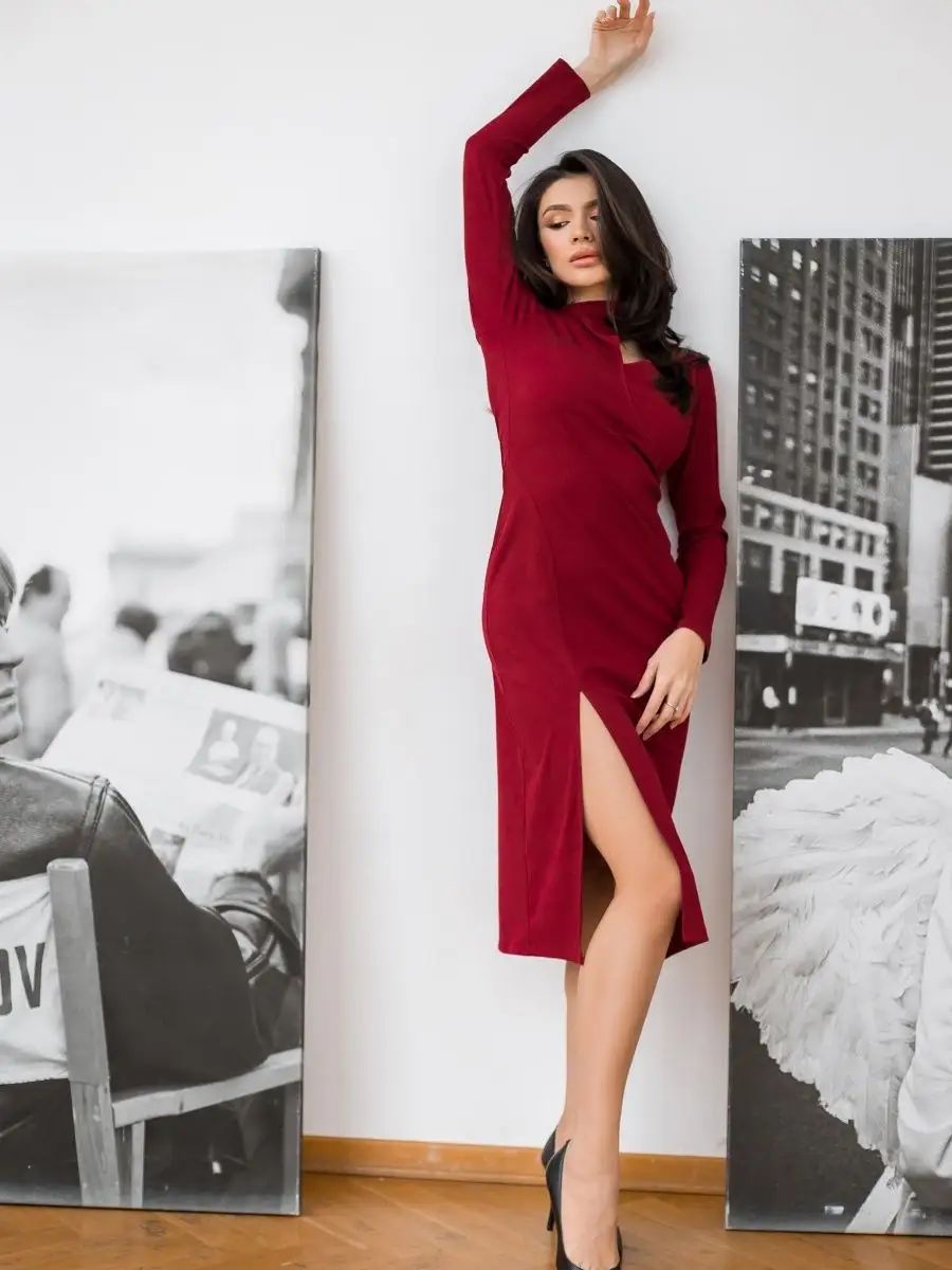 Damen figurbetontes Wickelkleid mit tiefem V-Ausschnitt und langem Schlitz Heidi-Mode