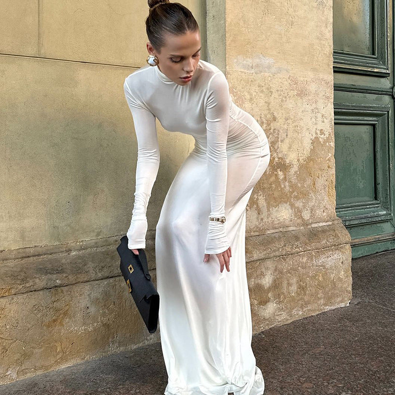 Damen elegantes langarm Kleid mit hohem Kragen und figurbetontem Schnitt Heidi-Mode