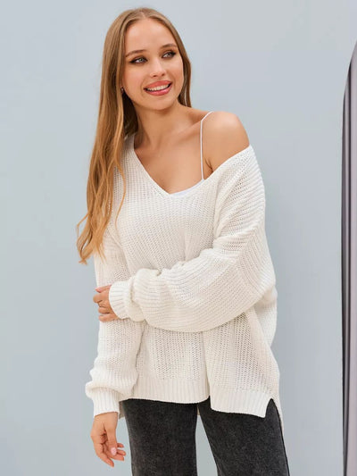 Damen Oversized Strickpullover mit asymmetrischem Ausschnitt und breiten Rippstrickdetails Heidi-Mode