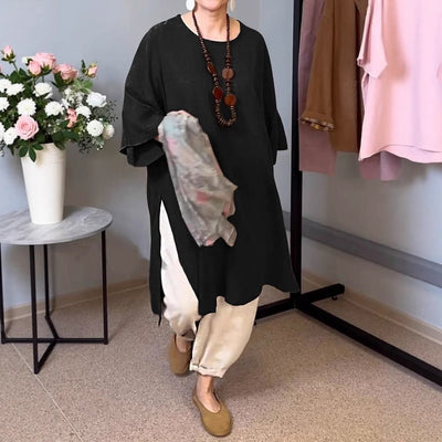 Damen lässiges Langarm-Tunika mit seitlichem Schlitz und modischem Schnitt Heidi-Mode