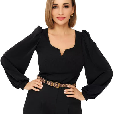 Damen Langarm-Oberteil mit elegantem V-Ausschnitt und voluminösen Ärmel Heidi-Mode