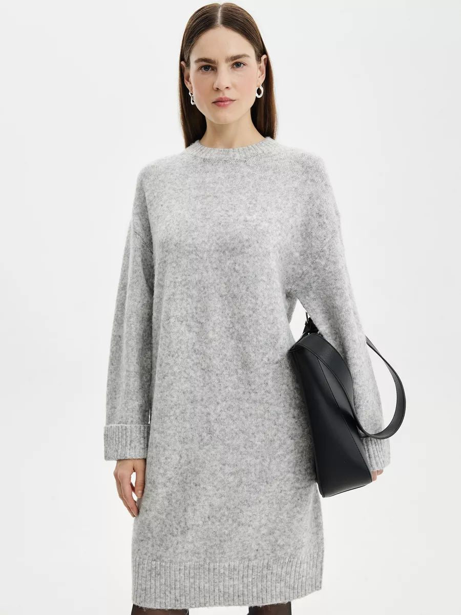 Damen Strickkleid mit überschnittenen Schultern und geripptem Saum Heidi-Mode