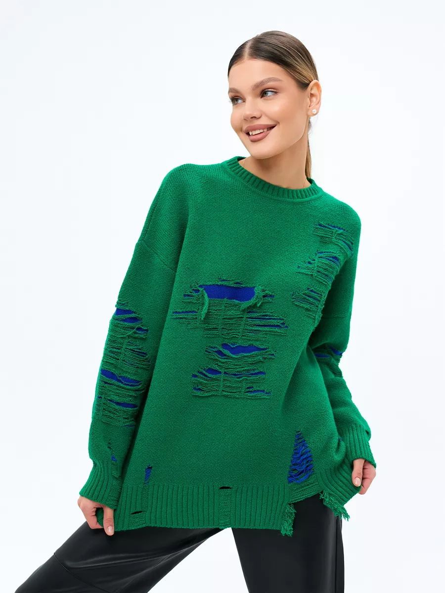 Damen Oversized Strickpullover mit modernem Distressed-Design und lässigen Fransen Heidi-Mode