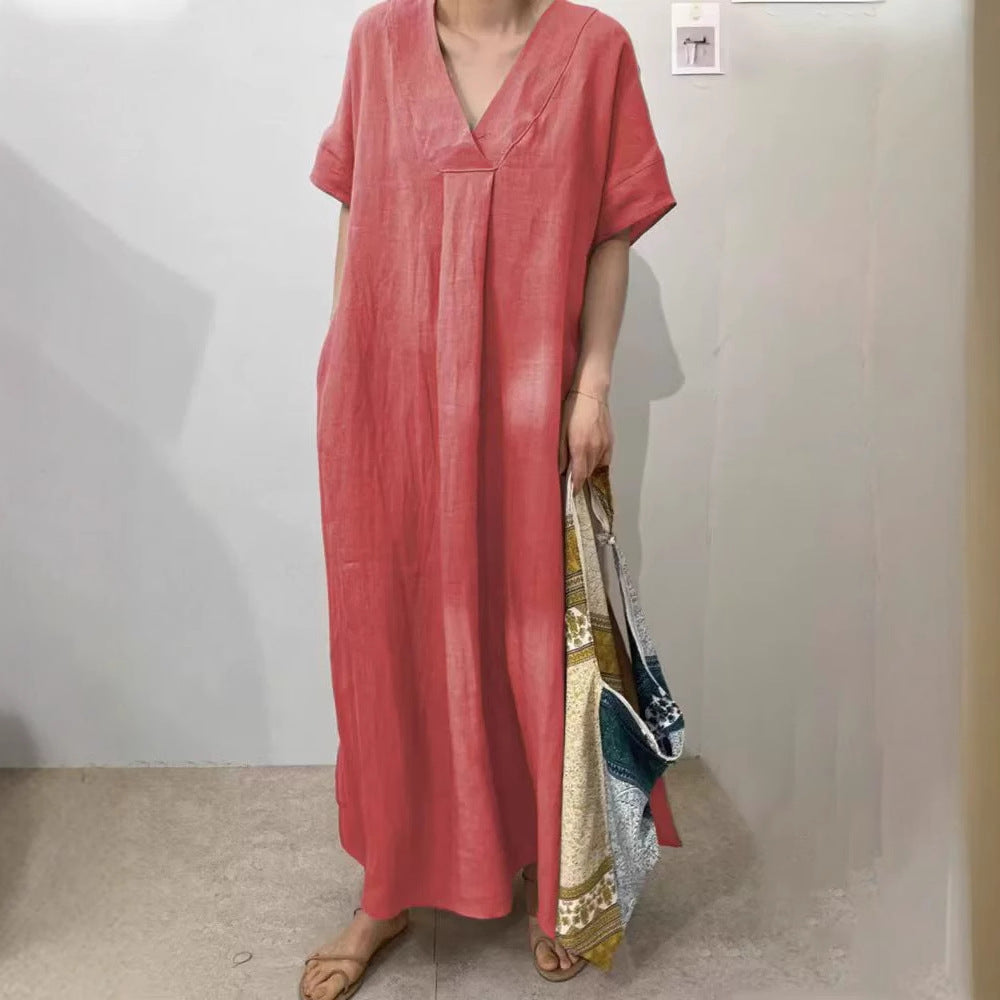 Damen Leichtes Sommerkleid mit V-Ausschnitt und kurzen Ärmeln Heidi-Mode