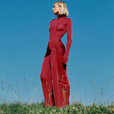 Damen figurbetontes Maxikleid mit hochgeschlossenem Kragen und raffiniertem Wickeldesign Heidi-Mode