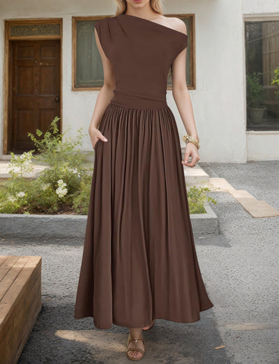 Damen Maxikleid mit asymmetrischem Ausschnitt und fließendem Rock Heidi-Mode