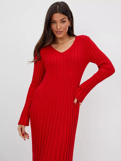 Damen Maximales Strickkleid mit V-Ausschnitt und elegantem Rippmuster Heidi-Mode