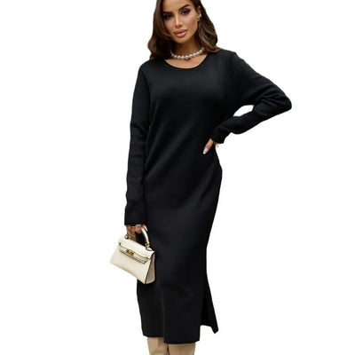 Damen Strickkleid mit seitlichem Schlitz und elegantem Rundhalsausschnitt Heidi-Mode