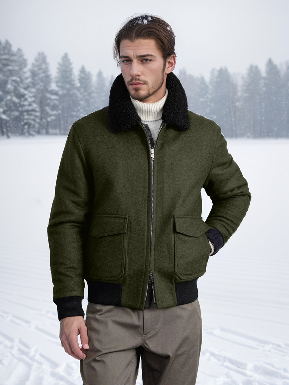 Herren modische Bomberjacke mit weichem Teddyfellkragen Aliams