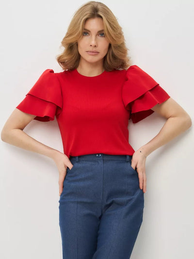 Damen Oberteil mit voluminösen Rüschendetails und feinem Rippmuster Heidi-Mode