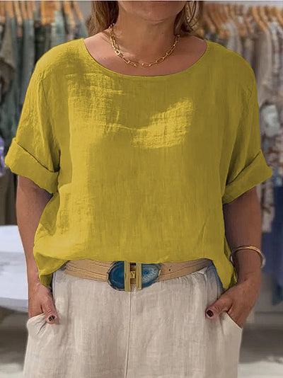 Damen lässige Leinenbluse mit umschlagbaren Ärmeln und elegantem Rundhalsausschnitt Heidi-Mode