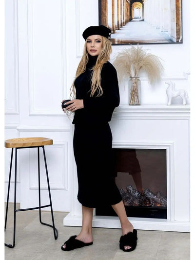 Damen Set aus Pullover und Rock mit hohem Kragen und eleganten Seitenschlitzen Heidi-Mode