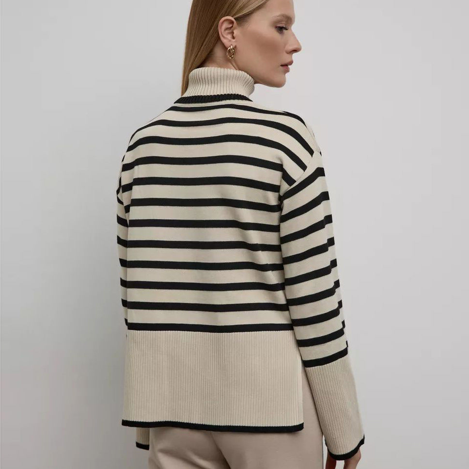 Damen gestreifter Pullover mit Rollkragen und strukturiertem Design Heidi-Mode