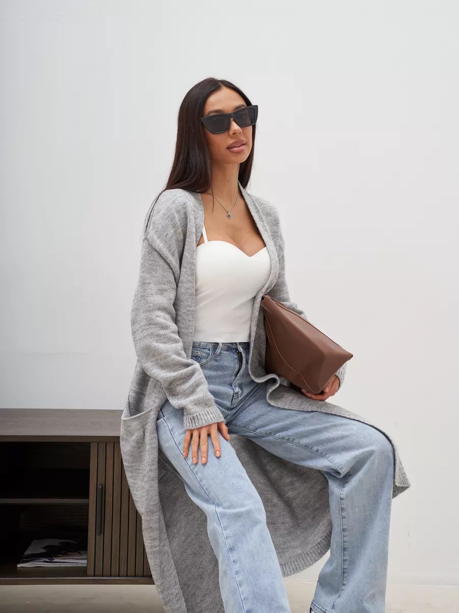 Damen eleganter Cardigan mit Taillengürtel und tiefen Taschen Heidi-Mode