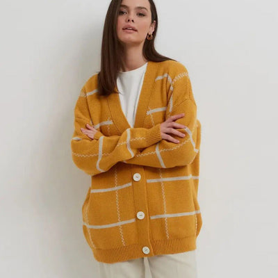 Damen lässiger Karoknitter-Cardigan mit Knöpfen und weitem Schnitt Heidi-Mode