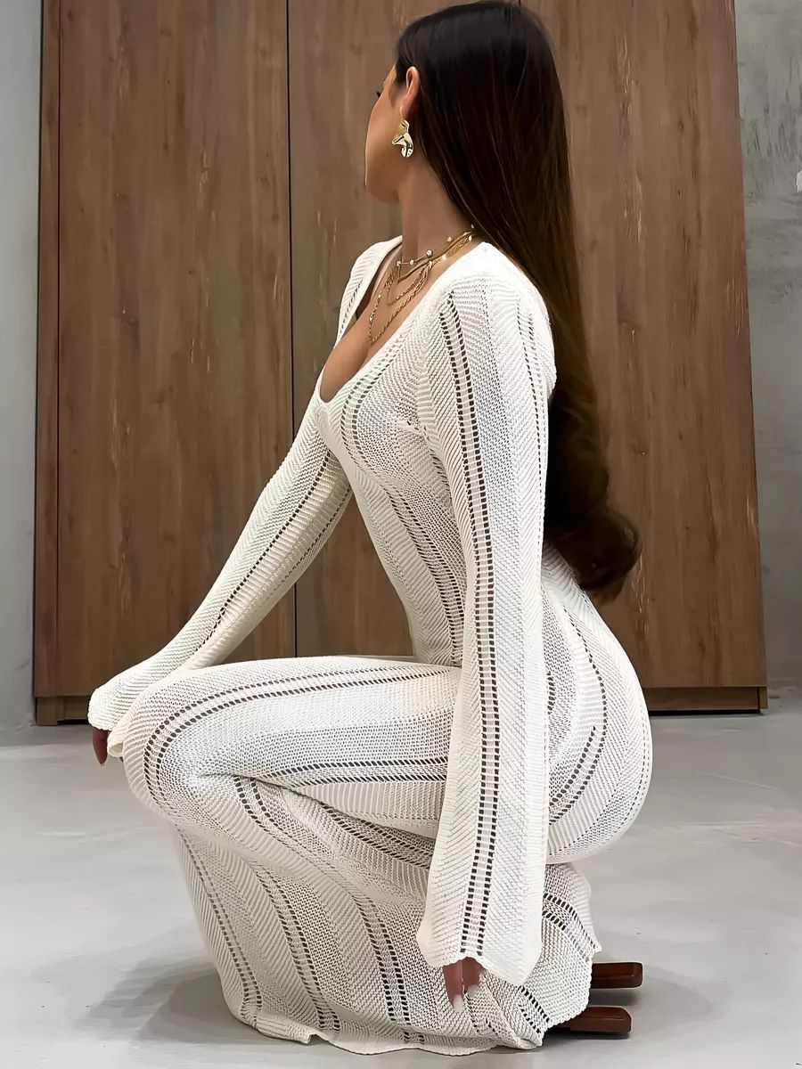 Damen Strickkleid mit tiefem V-Ausschnitt und weitem Arm Heidi-Mode