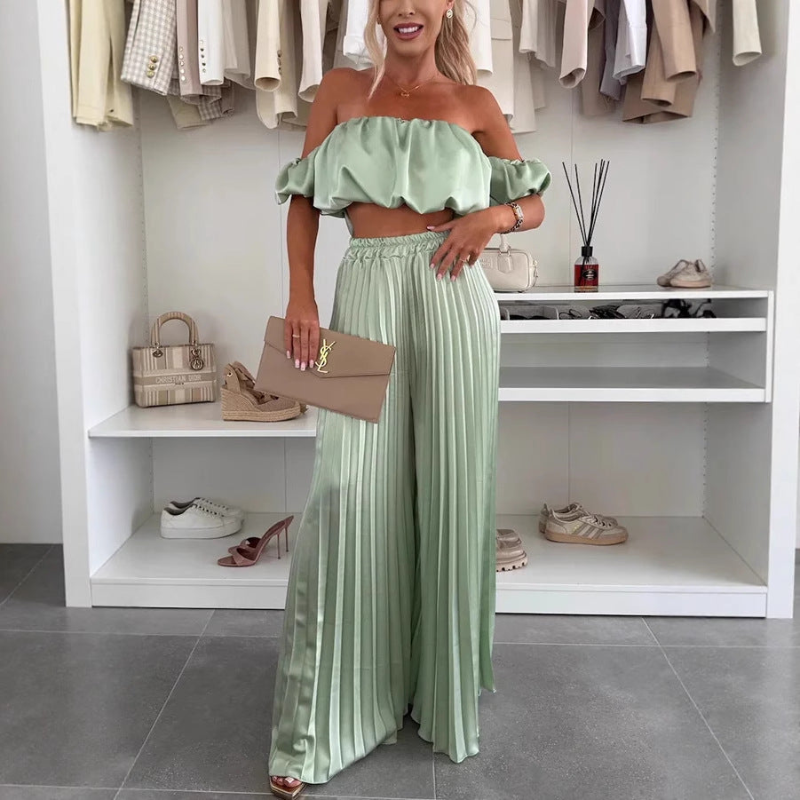 Damen Plissee-Bodenlanger Rock mit elastischem Bund und modischem Crop-Top Heidi-Mode