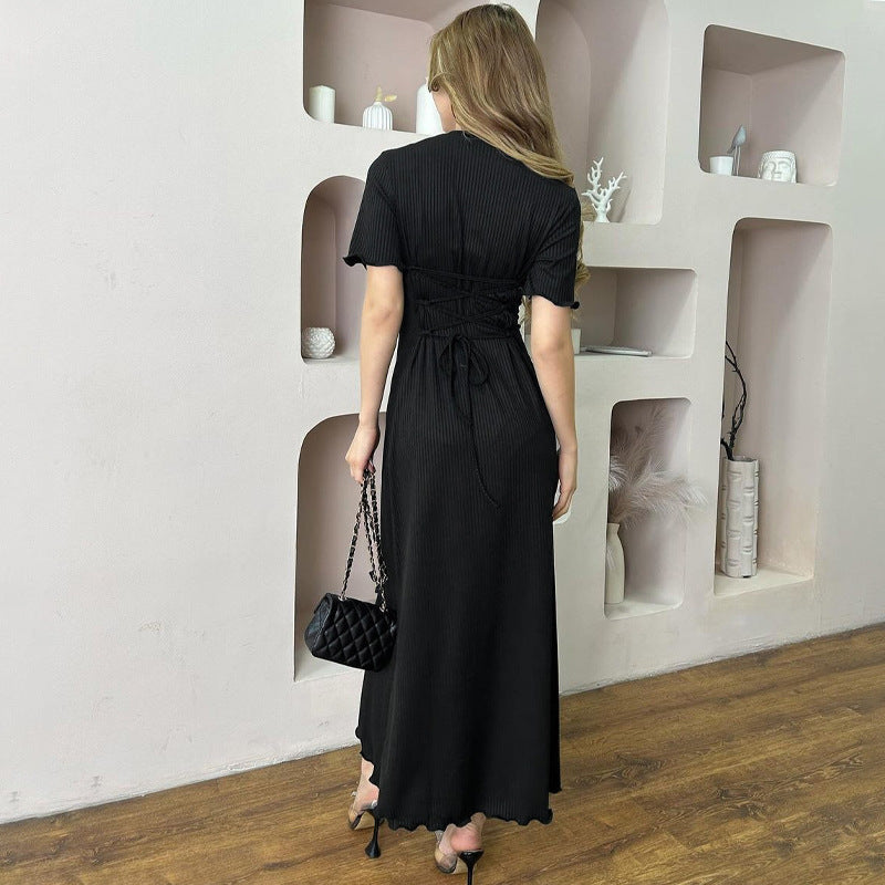 Damen Maxikleid mit tiefem V-Ausschnitt und zierlicher Rippstruktur Heidi-Mode