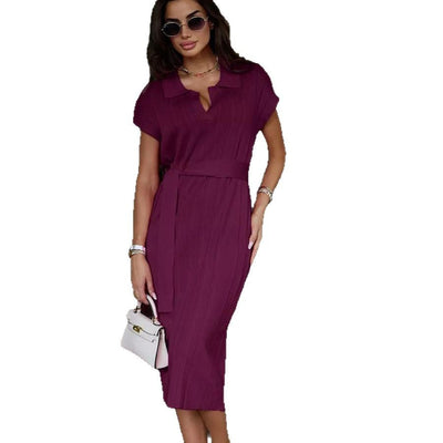 Damen Midi-Kleid mit schickem Kragen und Taillengürtel Heidi-Mode