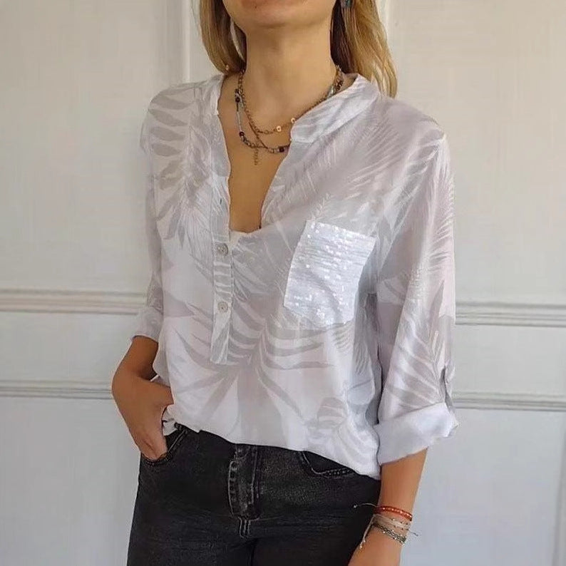 Damen Seidenbluse mit hochwertigem Palmblattmuster und eleganten Knopfdetails Heidi-Mode