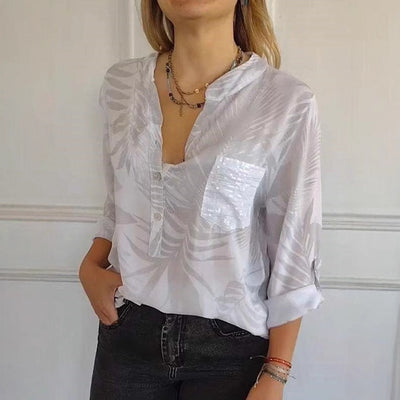 Damen Seidenbluse mit hochwertigem Palmblattmuster und eleganten Knopfdetails Heidi-Mode