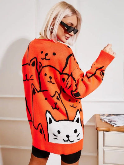 Damen stylischer Pullover mit Katzenmotiv und lässigem Schnitt Heidi-Mode