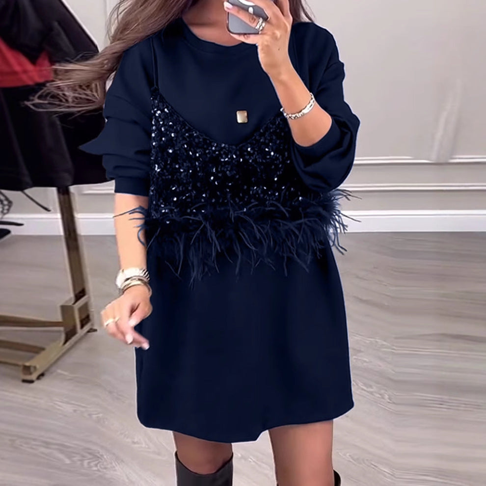 Damen modisches Sweatkleid mit Paillettenoberteil und Federn Heidi-Mode