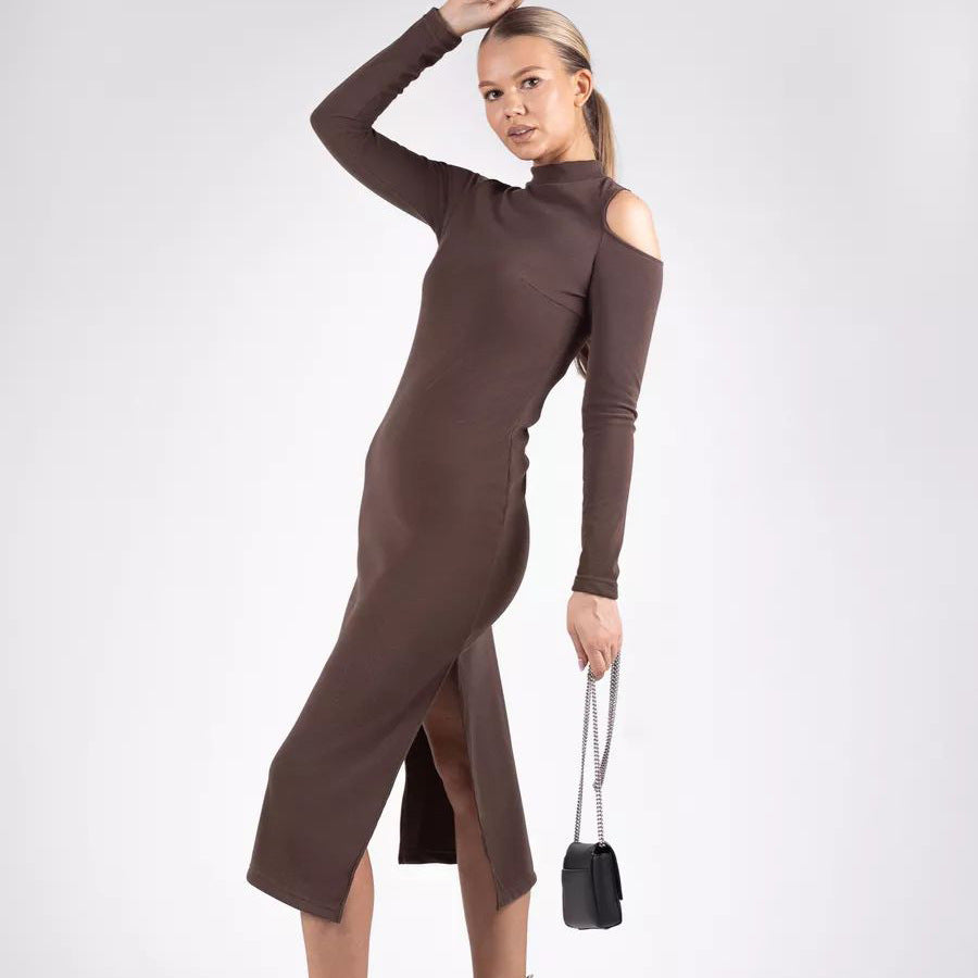 Damen figurbetontes Off-Shoulder-Midikleid mit langem Arm und seitlichem Schlitz Heidi-Mode